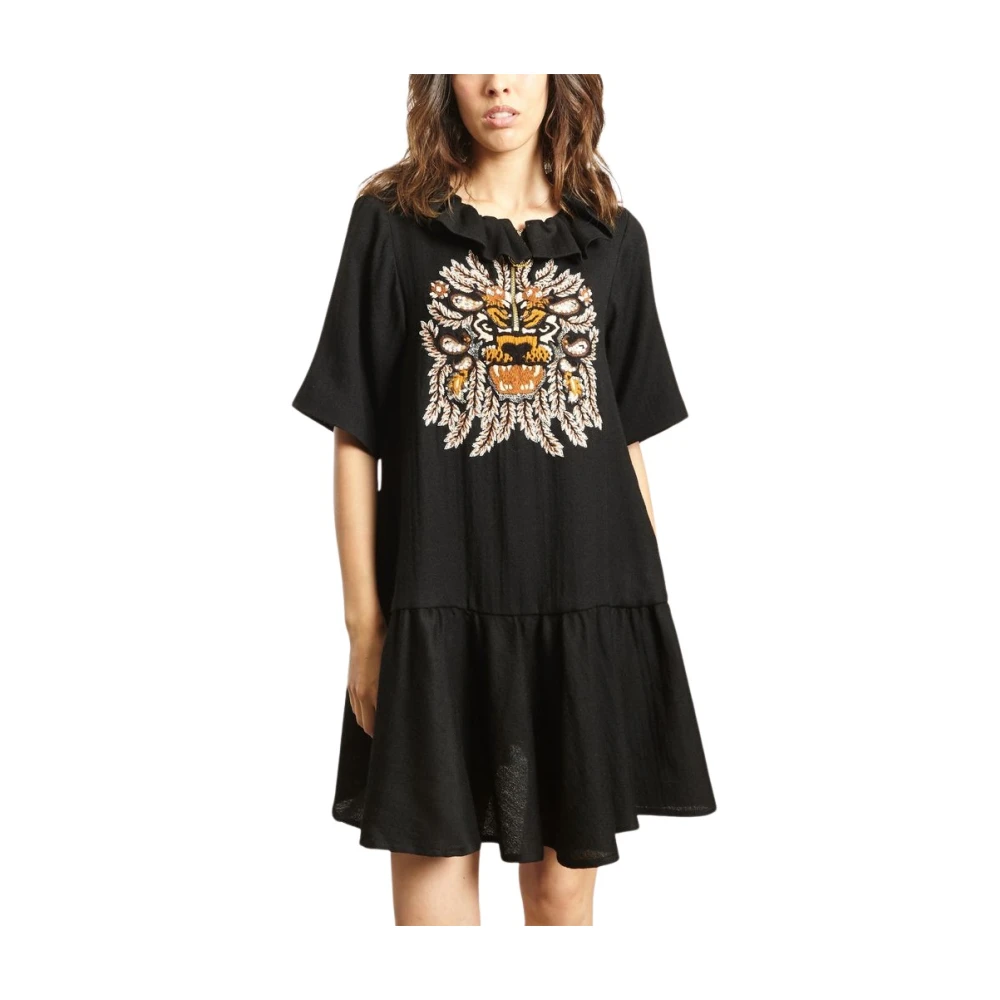 Manoush Zwarte Wol Ruffle Jurk Simba Black Dames