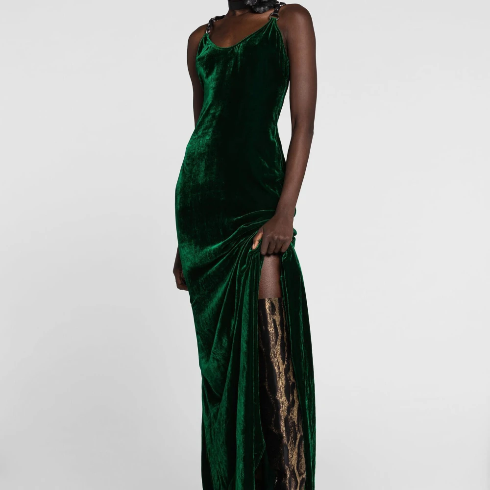 Roberto Cavalli Velvet Maxi Jurk met Leren Bandjes Green Dames