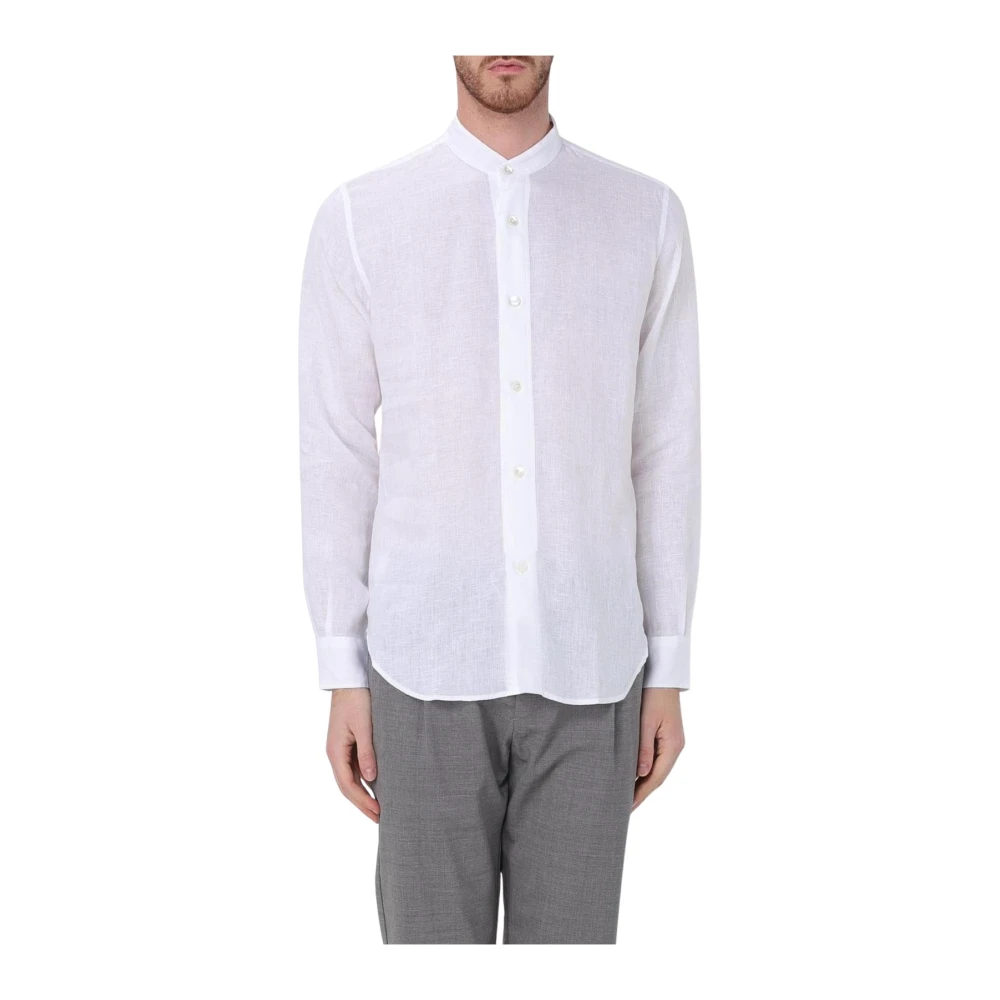 Eleventy Men's White Mandarin Collar Shirt Long Sleeves