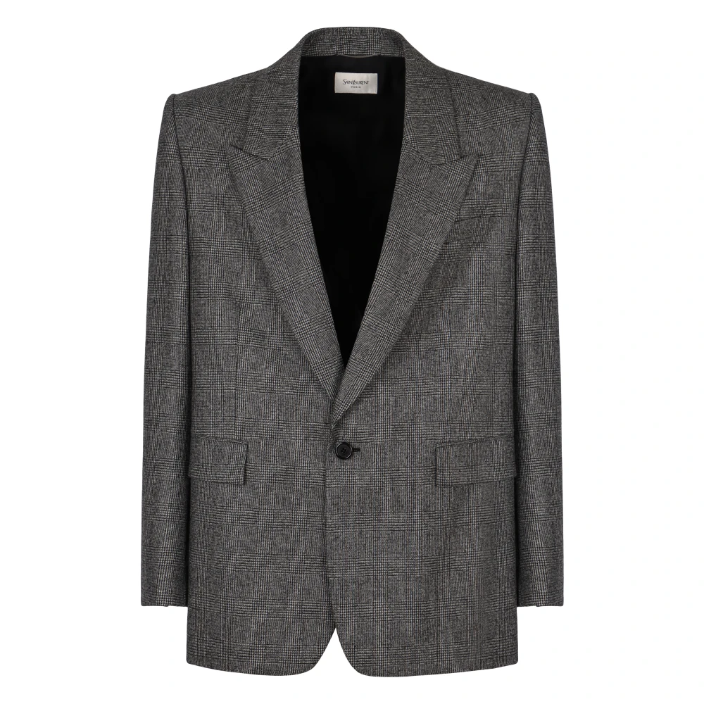 Saint Laurent Gray Blazers, Male, L, Prince De Galles Wool Flannel Jacket