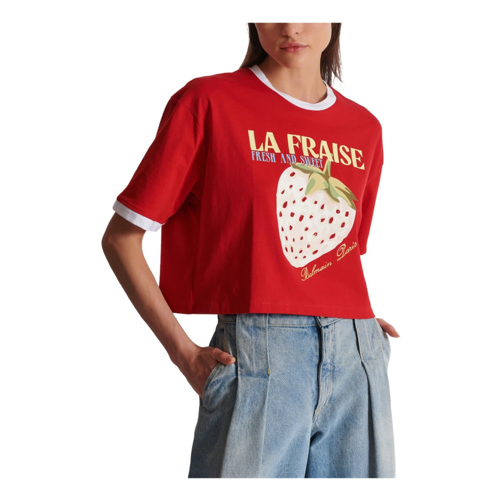 Balmain Cropped T-shirt met aardbeienprint Red Dames