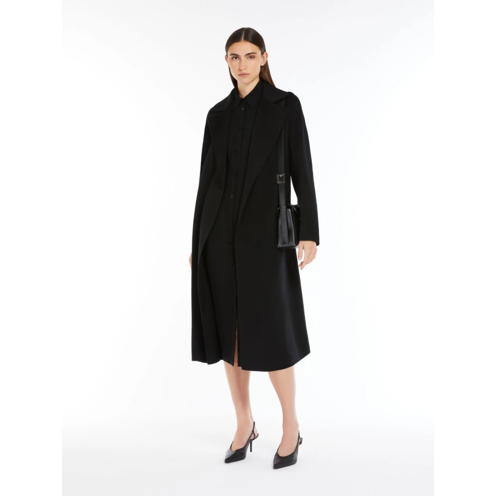 Max Mara Studio Zwarte Wol Kasjmier Zijde Midi Jas Black Dames