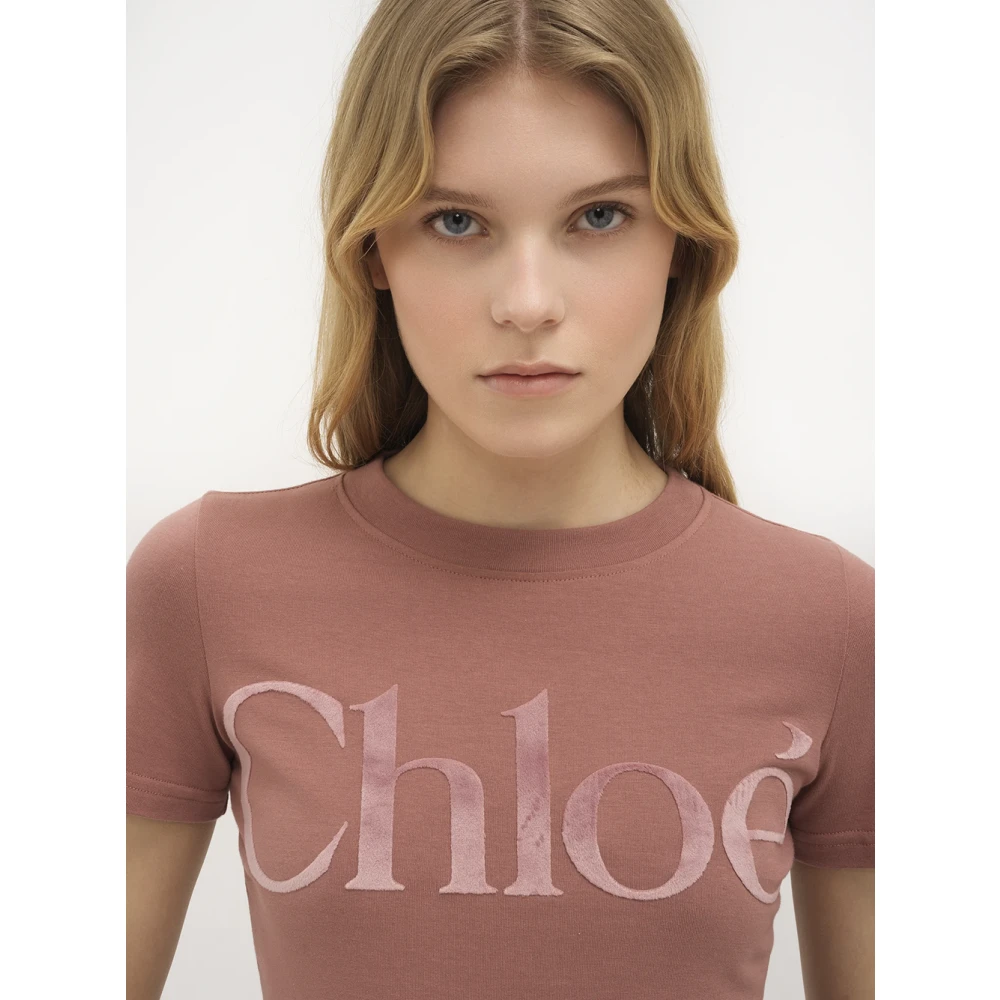 Chloé Fluweel Logo Roze T-shirts en Polos Pink Dames