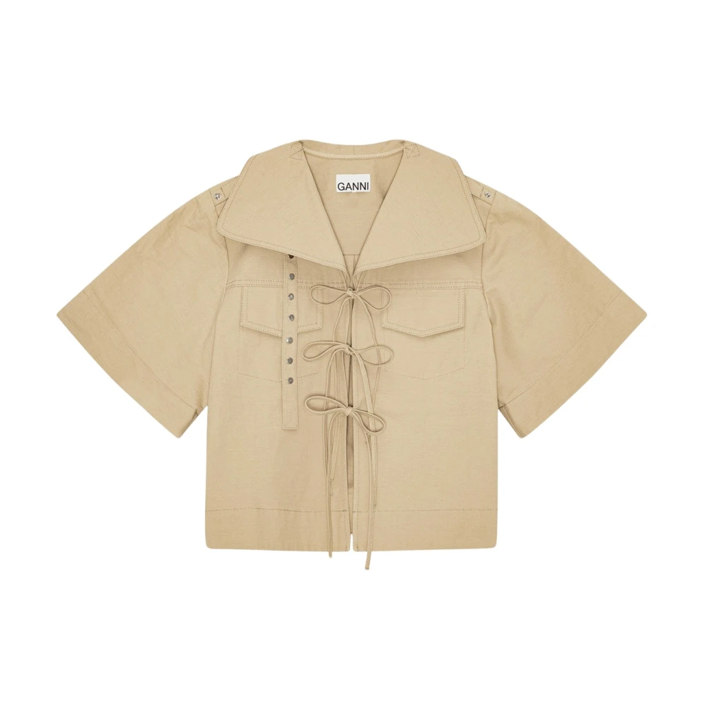 Ganni Women's Beige Stretch Cotton Blouse With Statement Collar