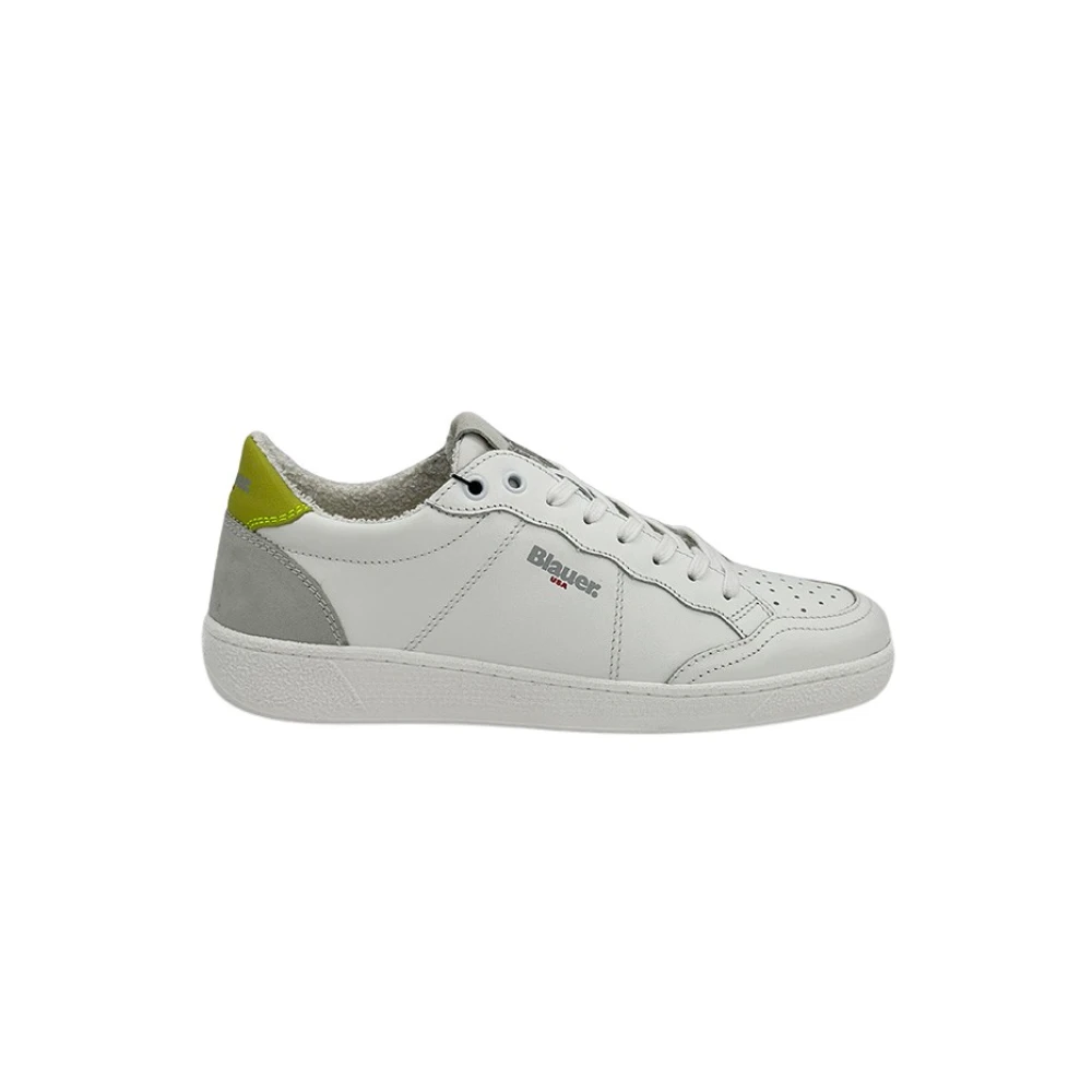 Blauer Men's White Sneakers, 11 Uk, Leather Sneaker With Lime Heel