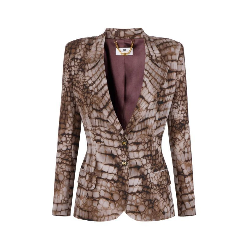 Elisabetta Franchi Women's Brown Crêpe Jacket With Alligator Print - Blazers - L - Jackets