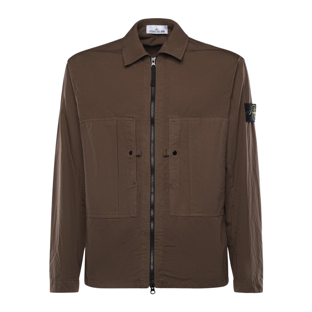 Stone Island Brown Cotton Overshirt With Logo - Male - Light Jackets - S - Jackets
