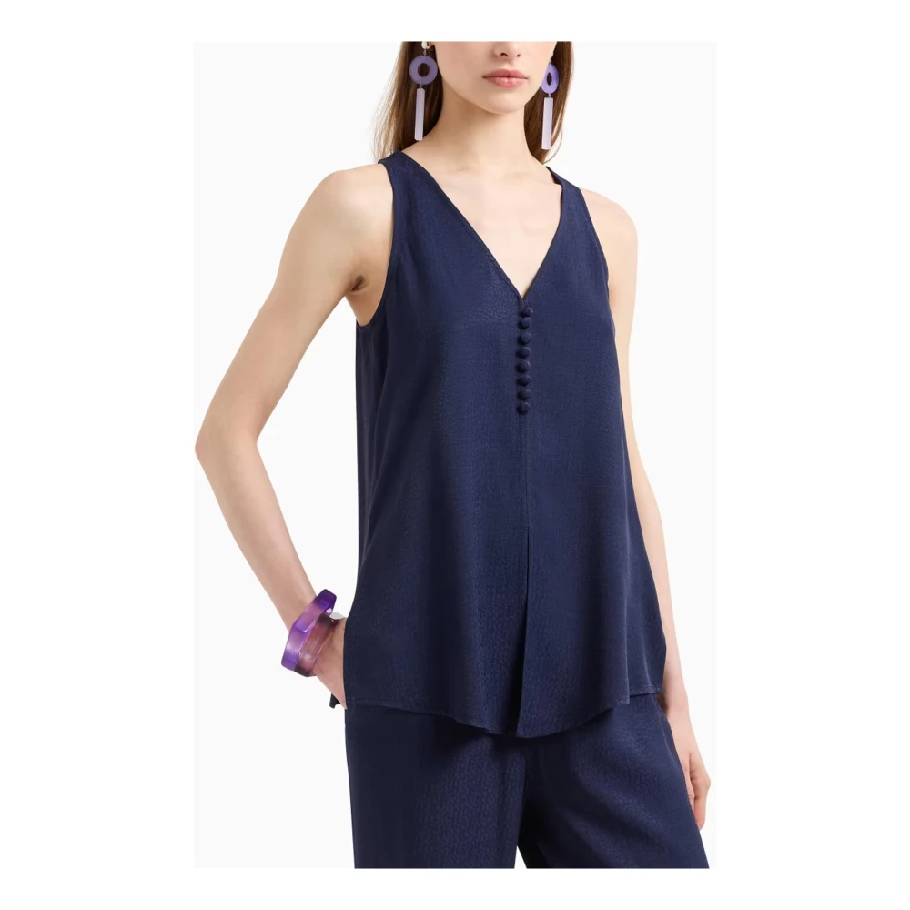 Emporio Armani Blauwe mouwloze V-hals shirt Blue Dames