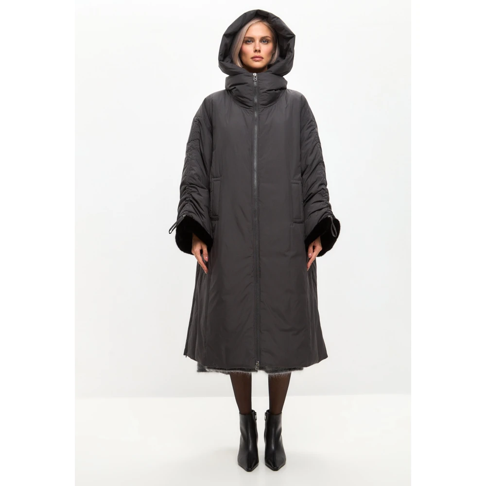 Cesare Gaspari Oversized gewatteerde jas met capuchon en nepbont manchetten Grijs Gray Dames