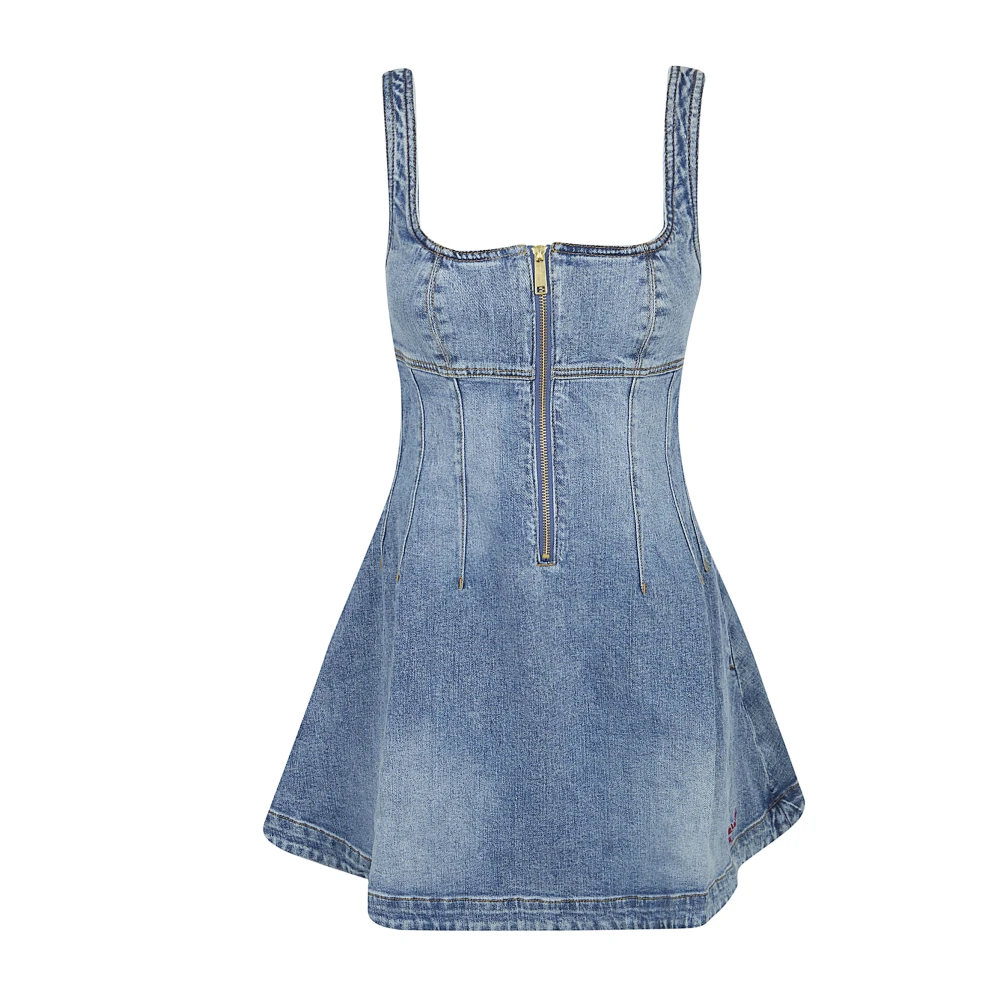 Self Portrait Women's Blue Denim Flared Logo Mini Dress