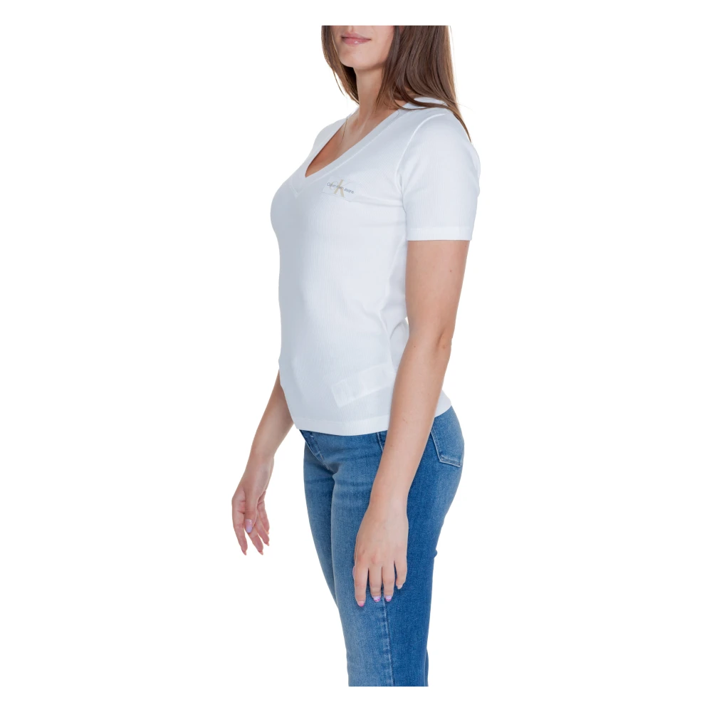 Calvin Klein Jeans Rib V-Neck T-Shirt Herfst Winter Collectie White Dames