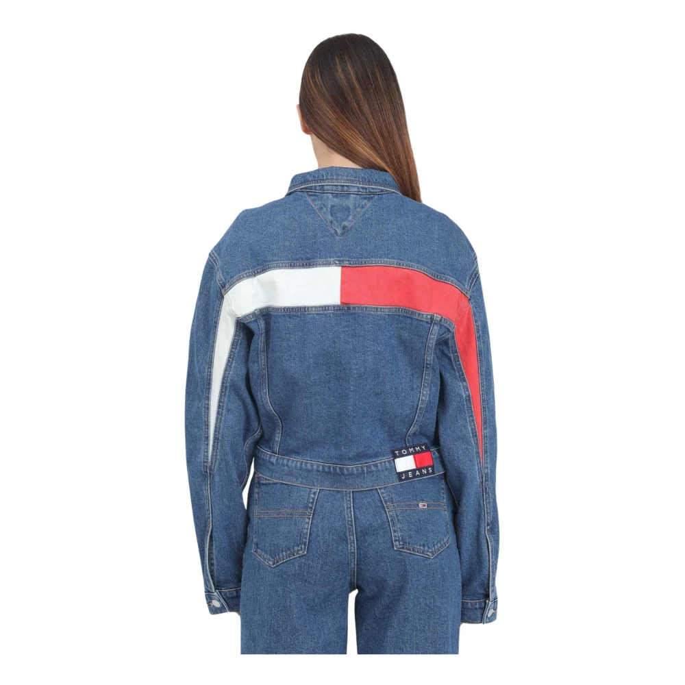 Tommy Jeans Blauwe Denim Trucker Jack met Color Block Motief Blue Dames