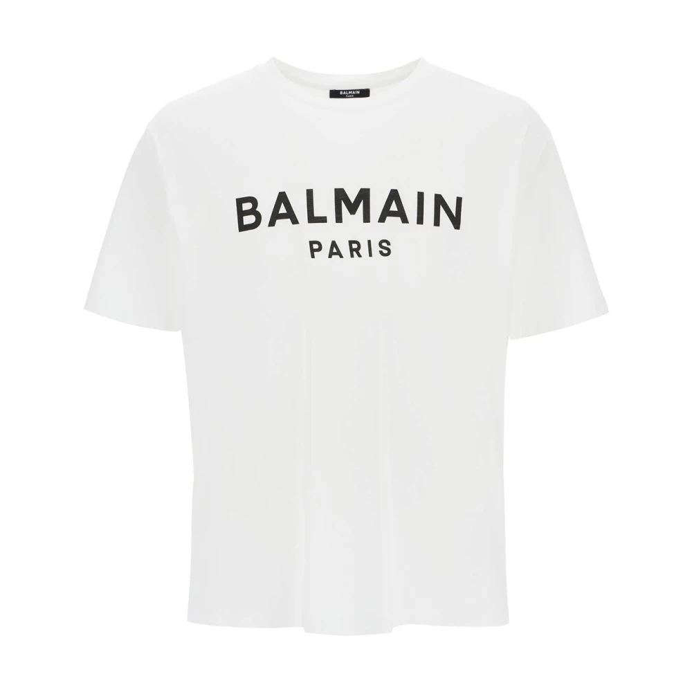Balmain Wit Logo Print Katoenen T-Shirt White Heren