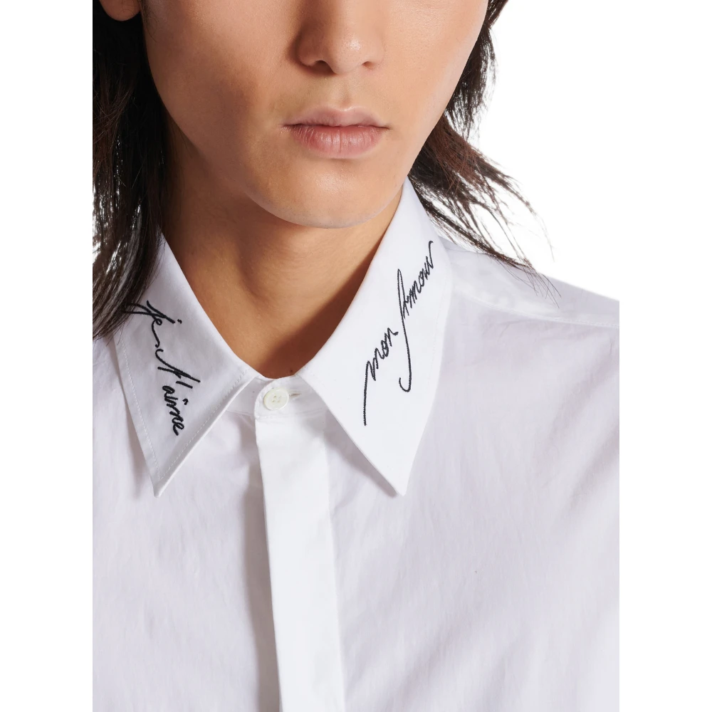 Balmain Popeline overhemd met geborduurde kraag White Heren
