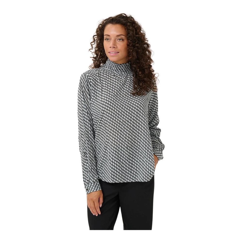 Kaffe Gedrukte Smock Blouse Top Golvend Print Black Dames