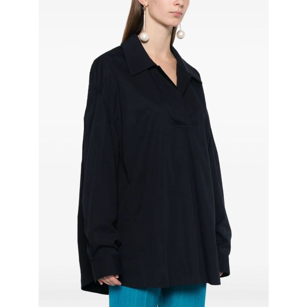 Dries Van Noten Katoenen V-hals Blouse met Kraag Blue Dames