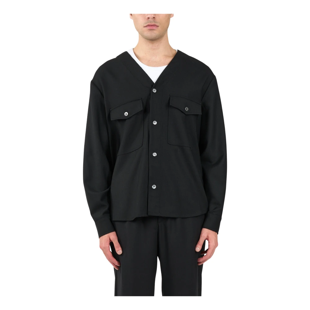 Mauro Grifoni Wollen overhemd met V-hals en zakken Black Heren