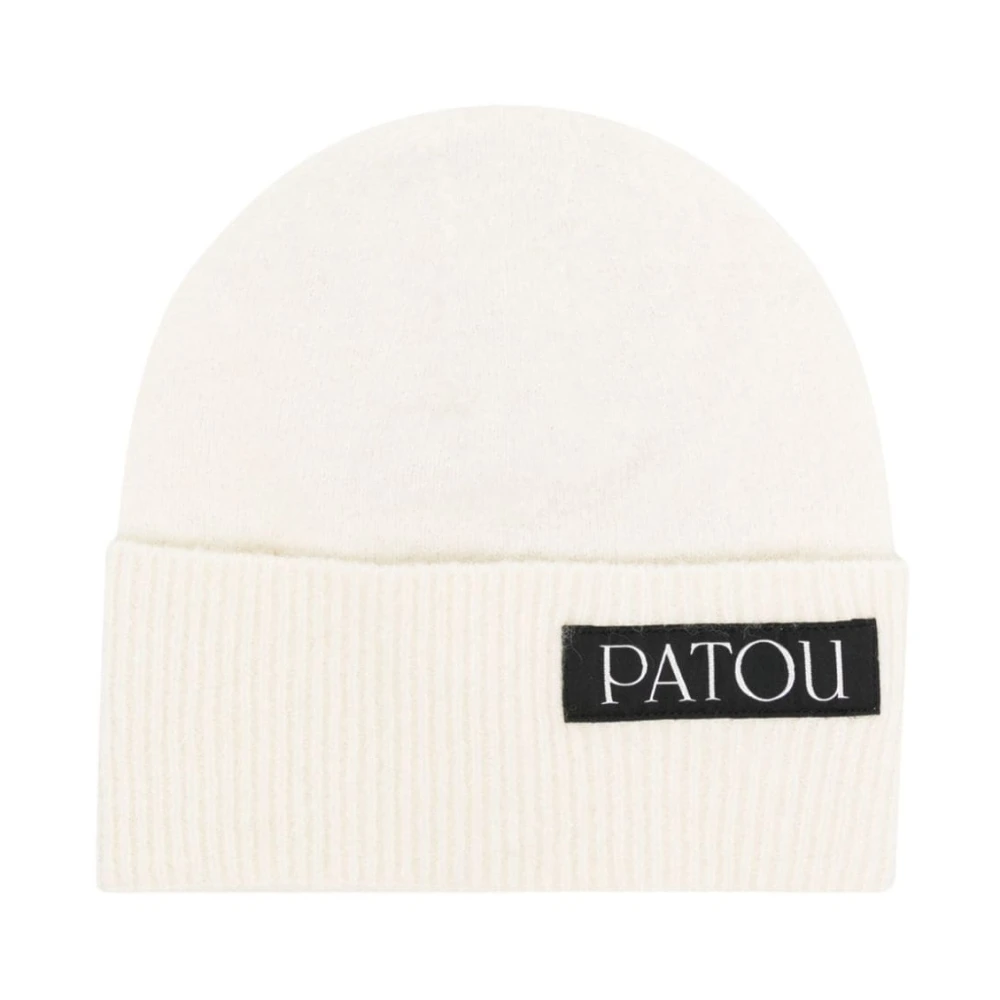 Patou Vit Logo-Patch Stickad Beanie White, Dam