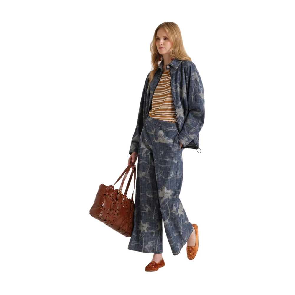 Maliparmi Women's Blue Wide Jeans, Xs, Floral Denim Trousers