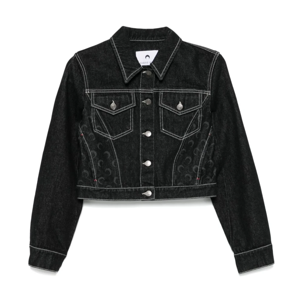 Marine Serre Zwarte Halve Maan Print Denim Jas Black Dames