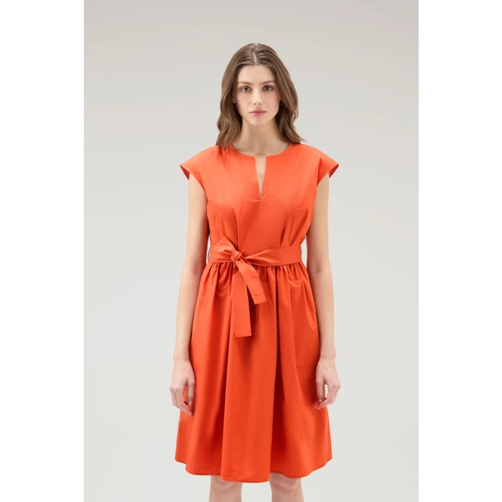 Woolrich Katoenen Popeline Jurk met Wijdvallende Rok Orange Dames