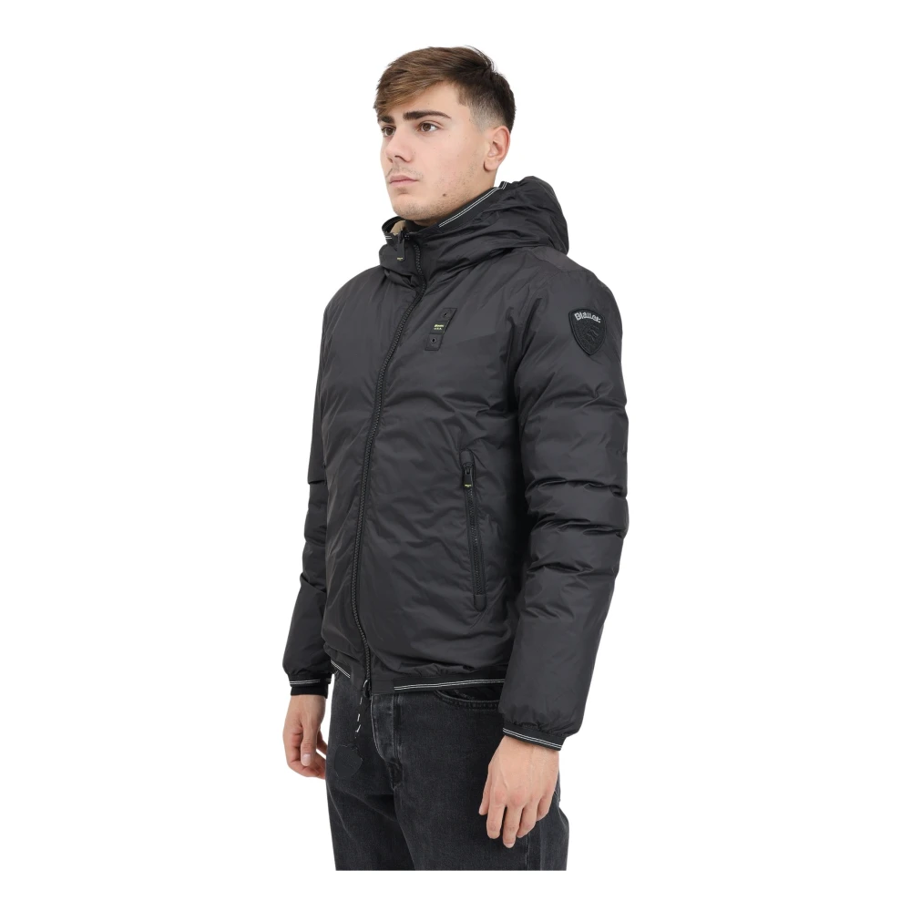 Blauer Omkeerbare Zwarte Gewatteerde Jas Horizontale Stiksels Black Heren