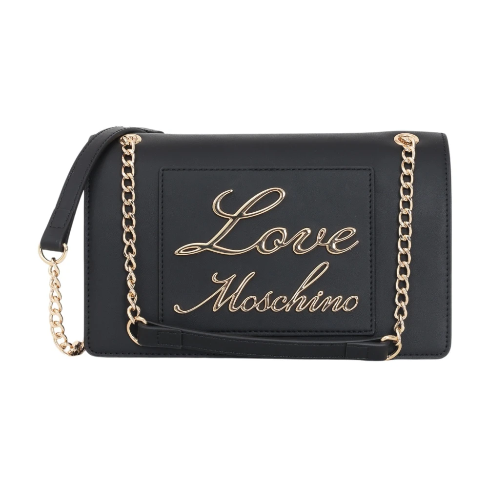 Love Moschino Zwarte dames tas met gouden metalen letters en kettingriem Black Dames