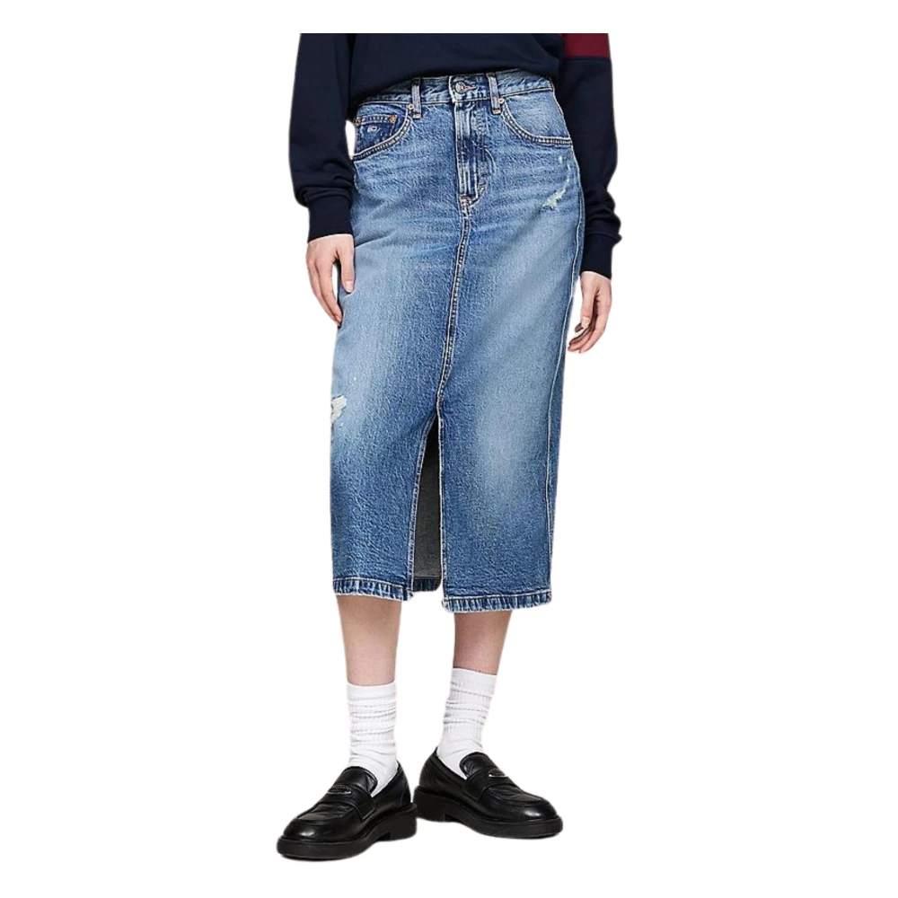 Tommy Hilfiger Distressed Denim Midi Rok Blue Dames