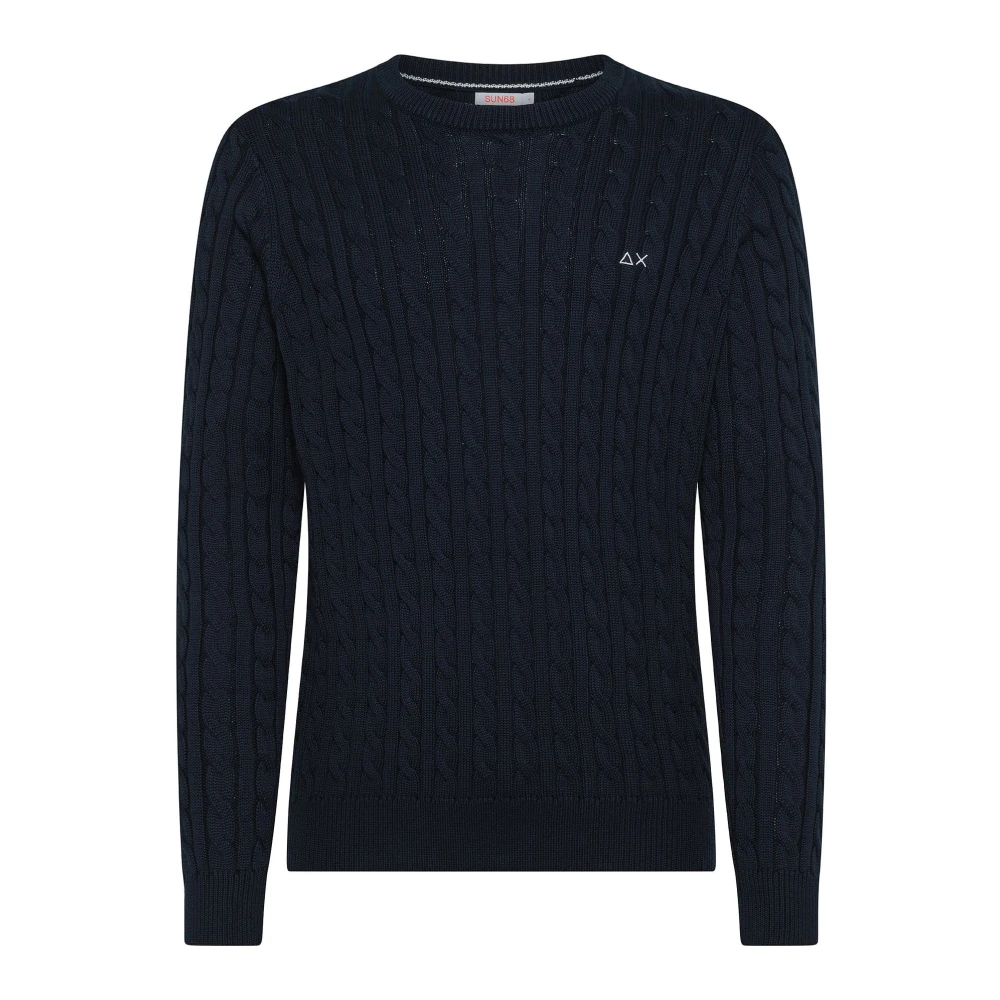 Sun68 Men's Blue Cable Knit Jumper - Round-Neck Knitwear - Xl - Knitwear