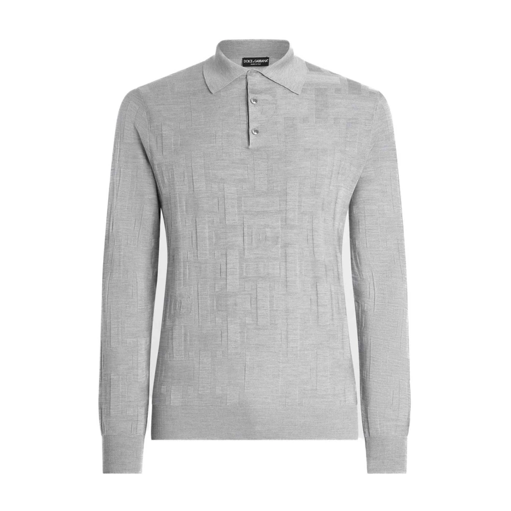 Dolce & Gabbana Men's Gray Silk Polo Shirt With Jacquard Logo