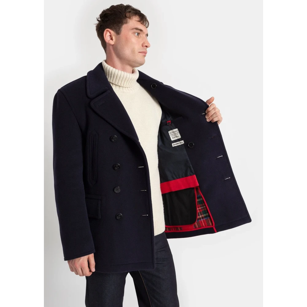Gloverall Churchill Peacoat in Navy Royal Stewart Tartan Blue Heren