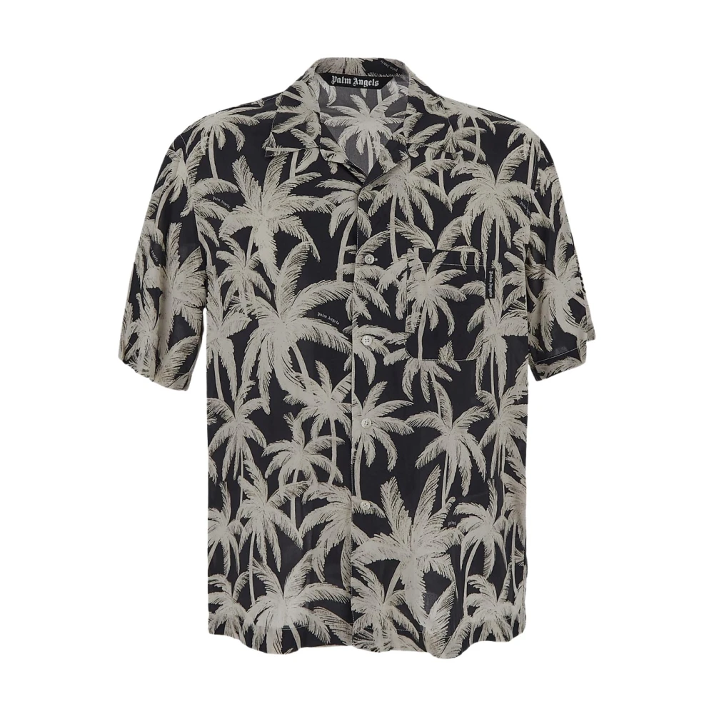 Palm Angels Allover Palm Print Viscose Shirt Black Heren