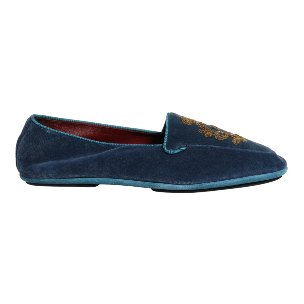 Dolce & Gabbana Homme Bleu Chaussures, Taille: 44 Eu Mocassins Velvet Crown Embroidery