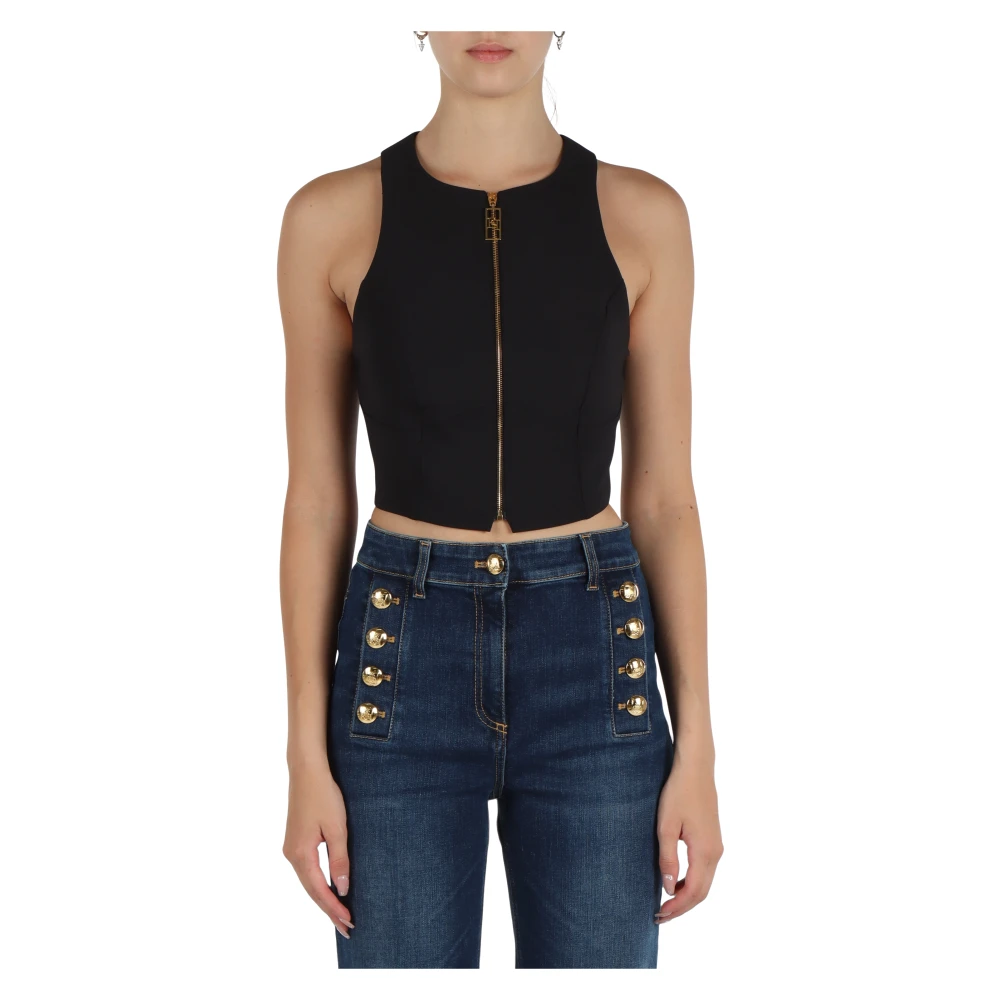 Elisabetta Franchi Cropped Zip Top in Doppio Crepe Black Dames