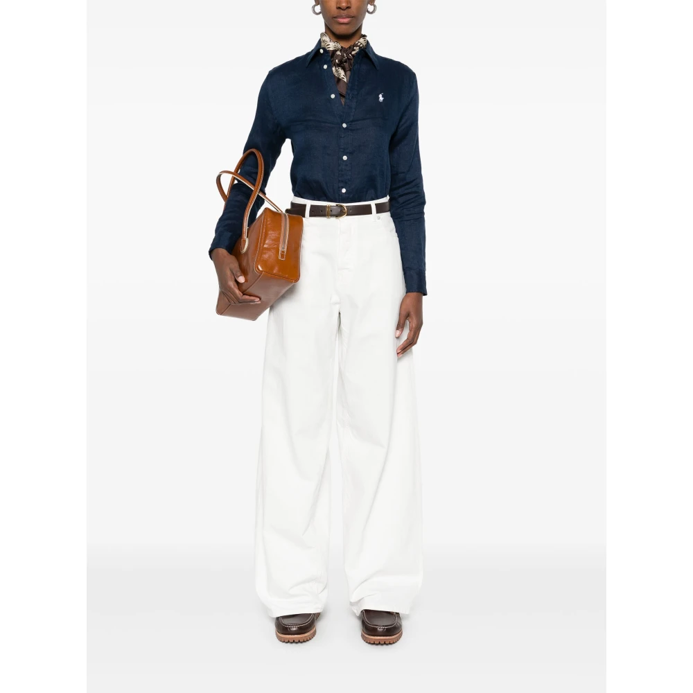 Polo Ralph Lauren Blauw linnen overhemd met geborduurde pony Blue Dames