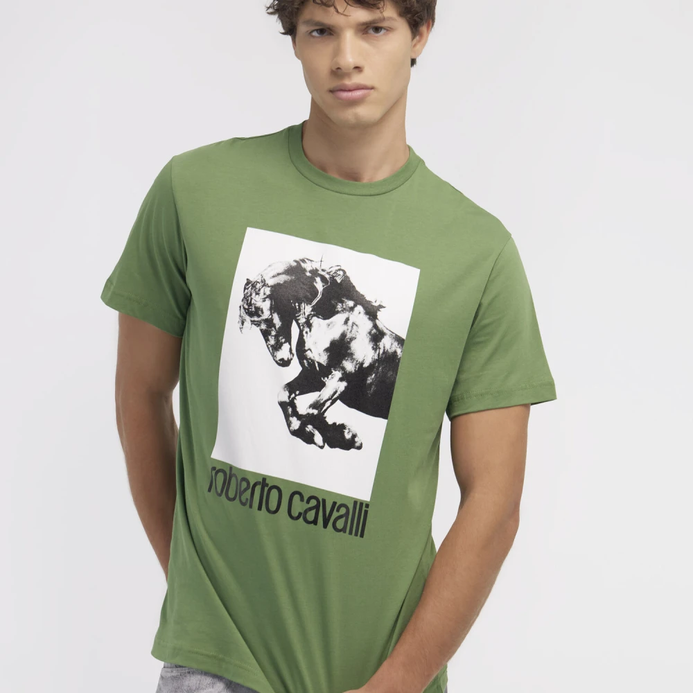 Roberto Cavalli T-shirt met Paardenlogo en Print Green Heren