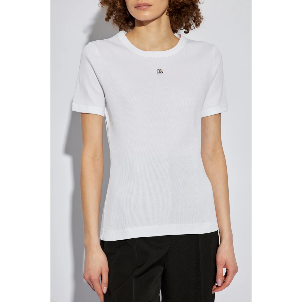 Dolce & Gabbana Geribbeld T-shirt met logo-vormige applicatie White Dames