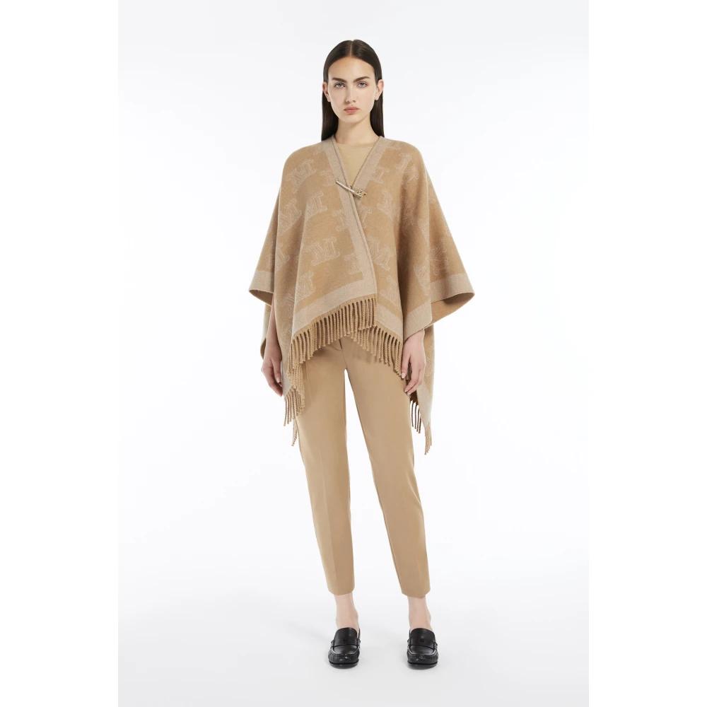 Max Mara Kameel Wol Jacquard Poncho Frine Brown Dames