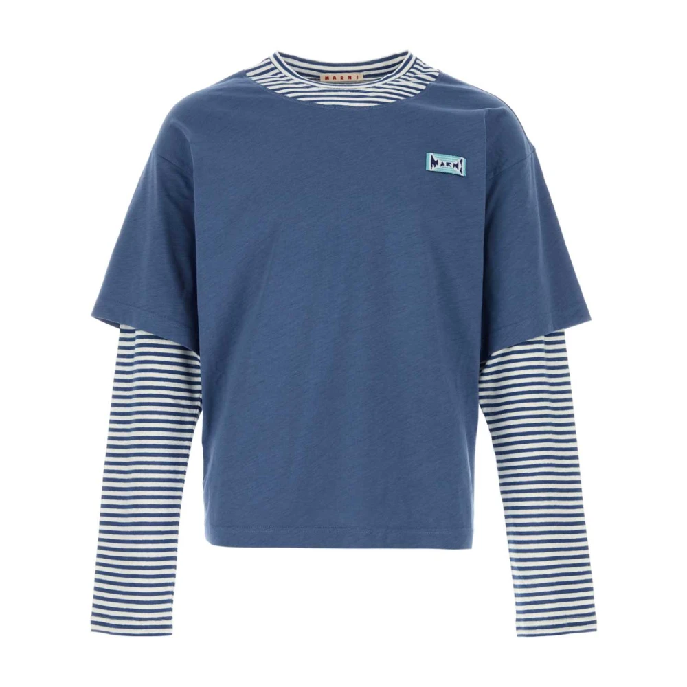 Marni Men's Blue Long Sleeve T-Shirts, Xl, Striped Layered T-Shirt