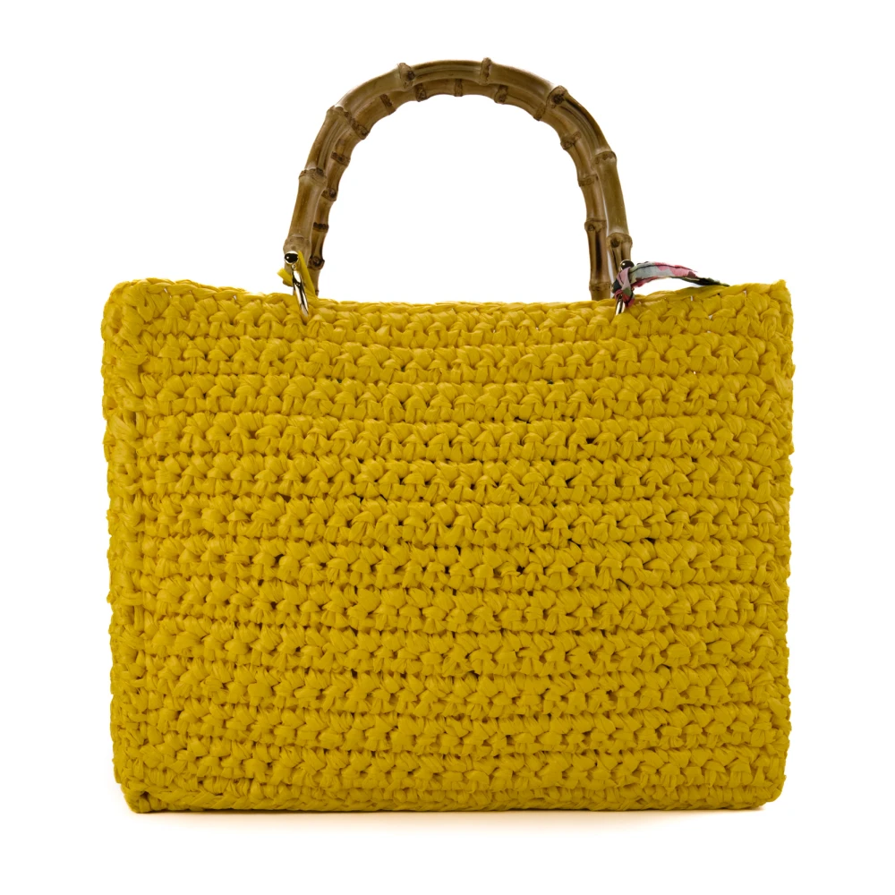 Chica London Rafia Crochet Shopper Tas met Bamboe Handvatten Yellow Dames