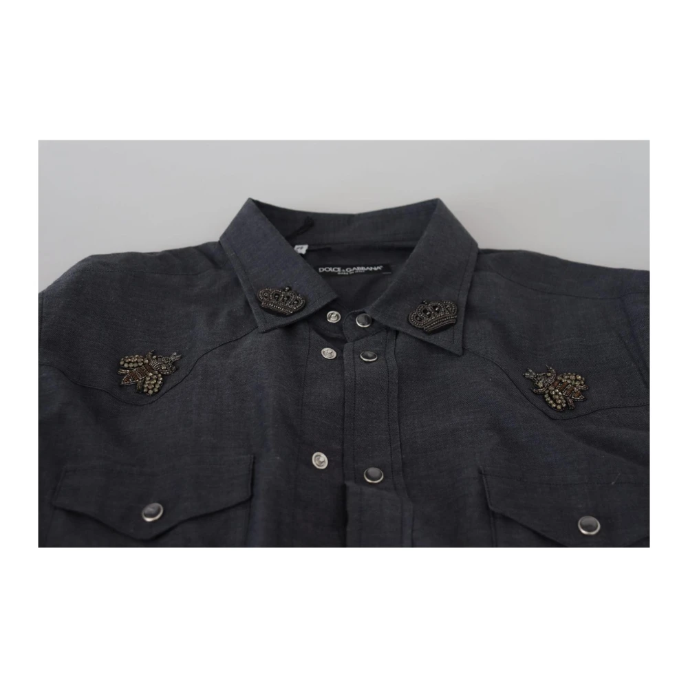 Dolce & Gabbana Bij Geborduurd Katoenen Casual Shirt Mannen Blue Heren