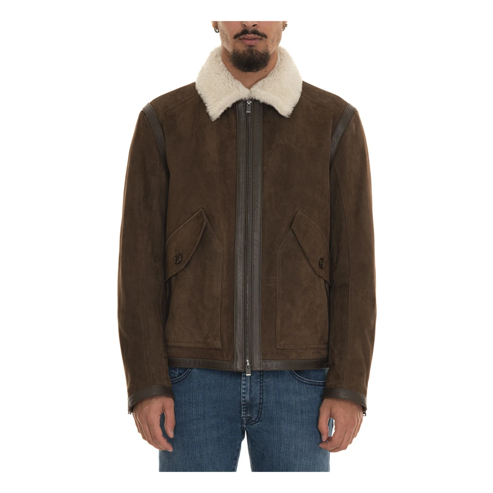 Boss Shearling jas met leren afwerking Brown Heren