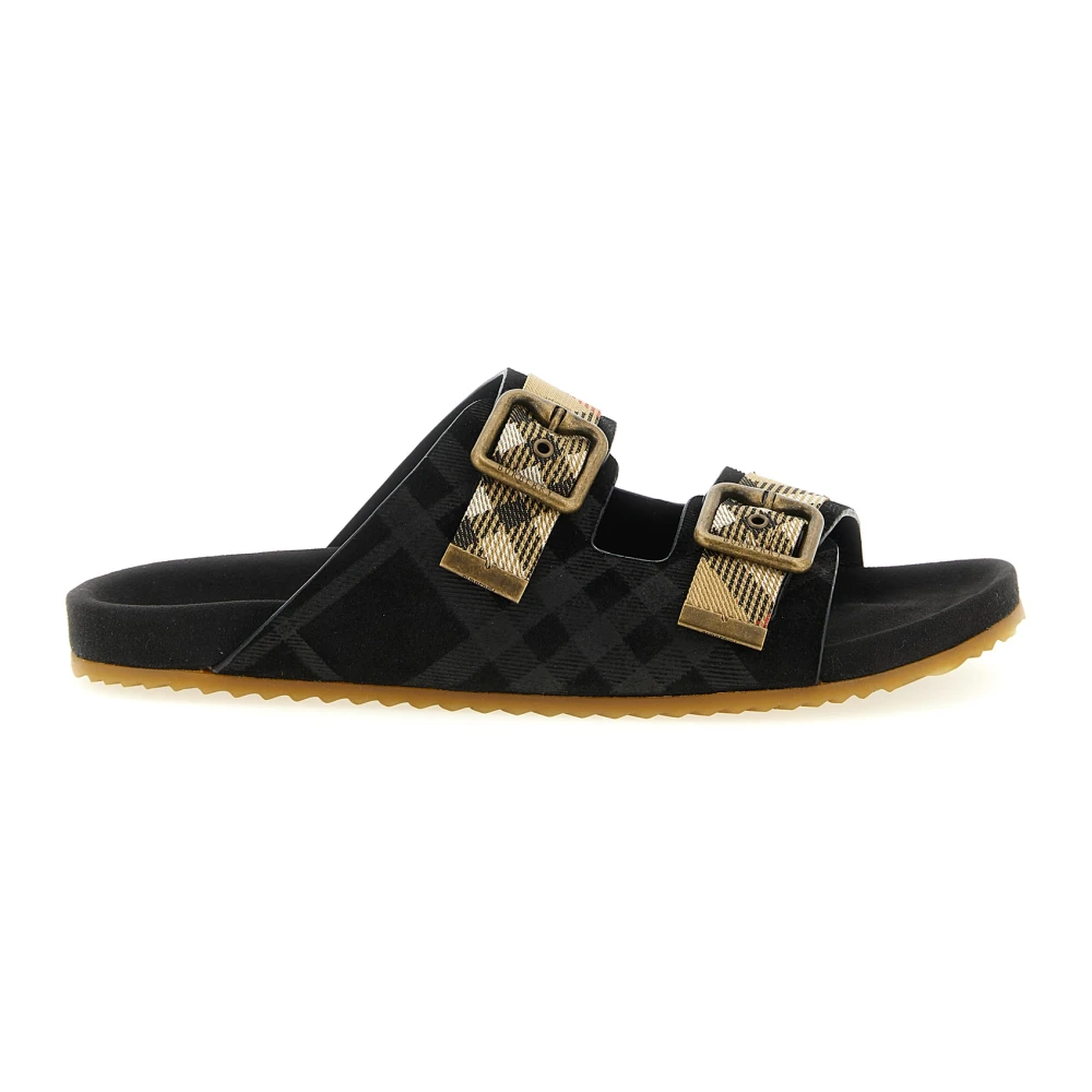 Burberry Men's Black Sliders, 8 Uk, Check Suede Urchin Sandals
