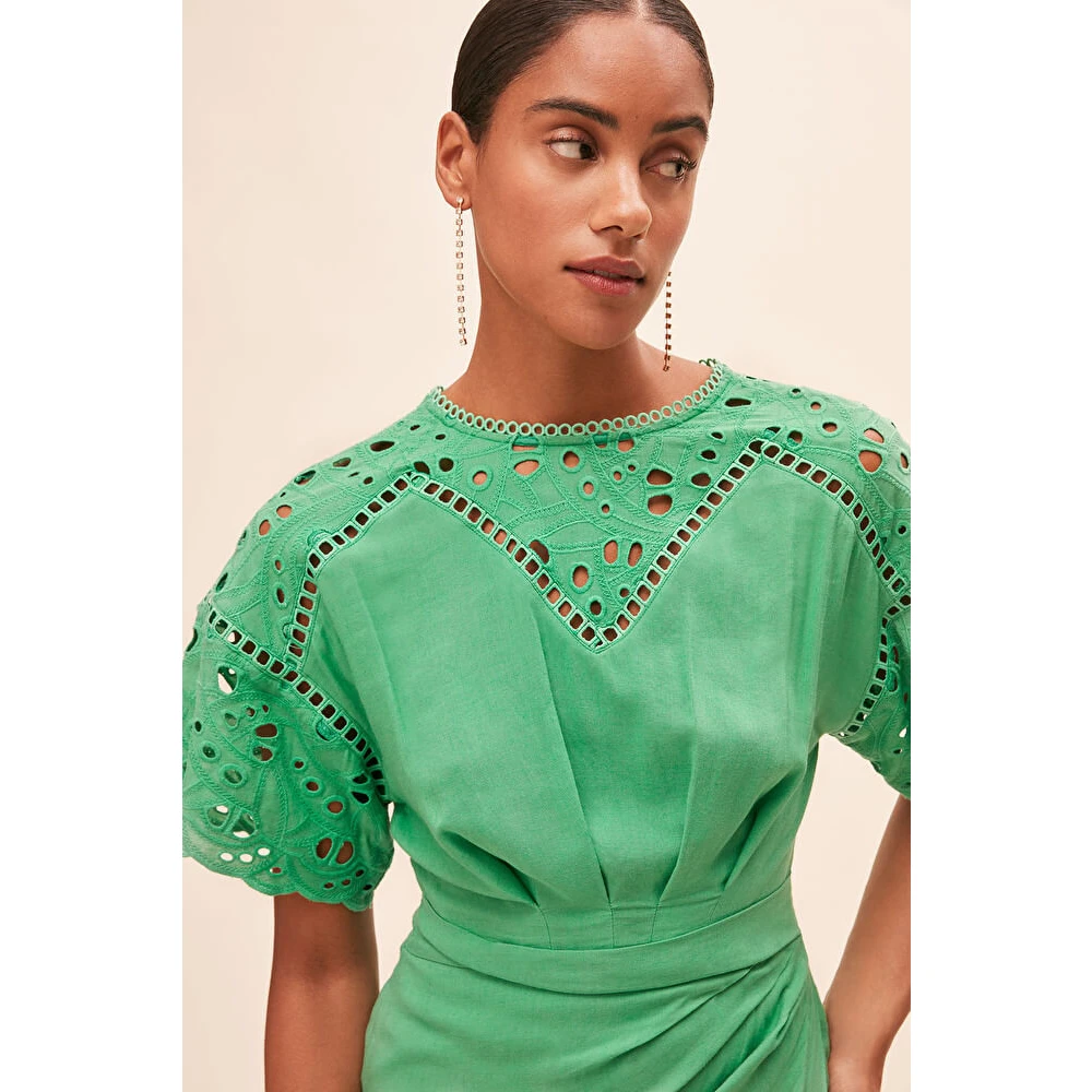 Suncoo Geborduurde Rugloze Kruis-Effect Linnen Jurk Green Dames