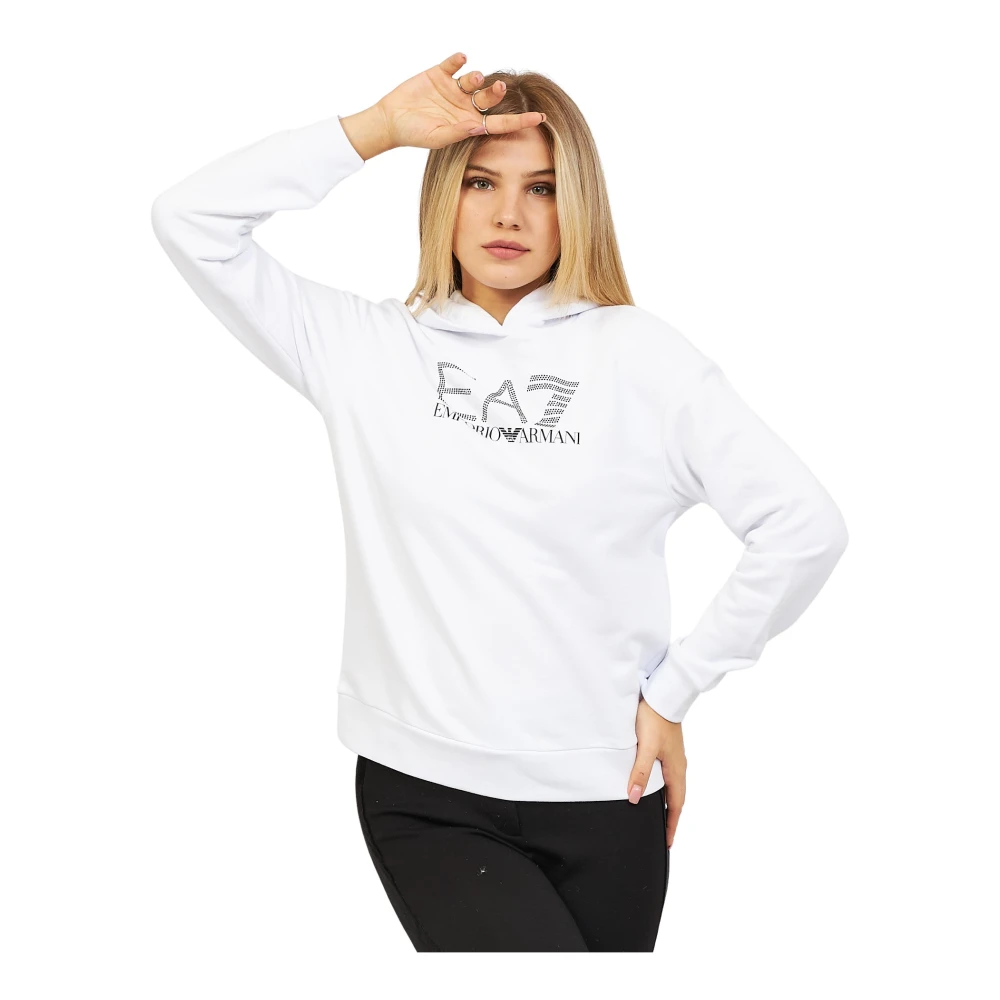 Emporio Armani EA7 Organisch katoenen hoodie met tweekleurig logo White Dames