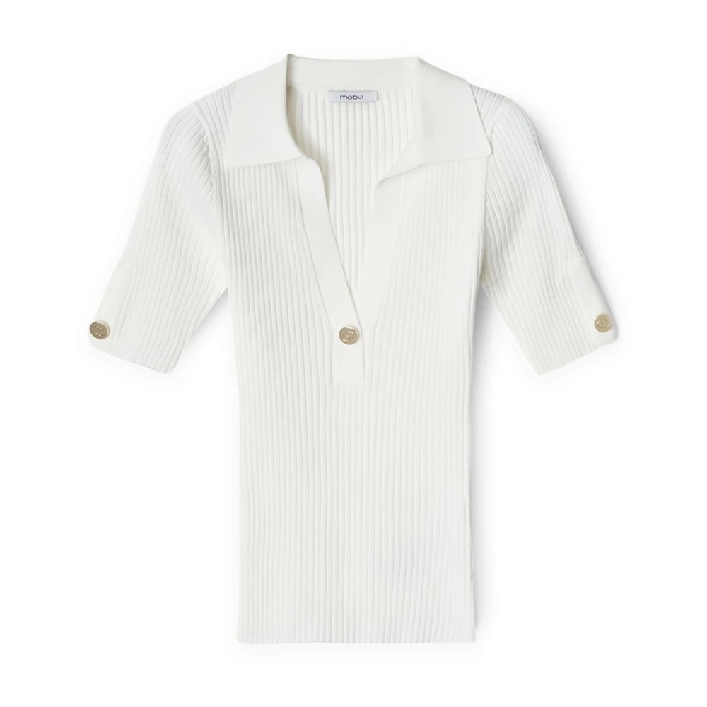 Motivi Ribgebreid Poloshirt White Dames