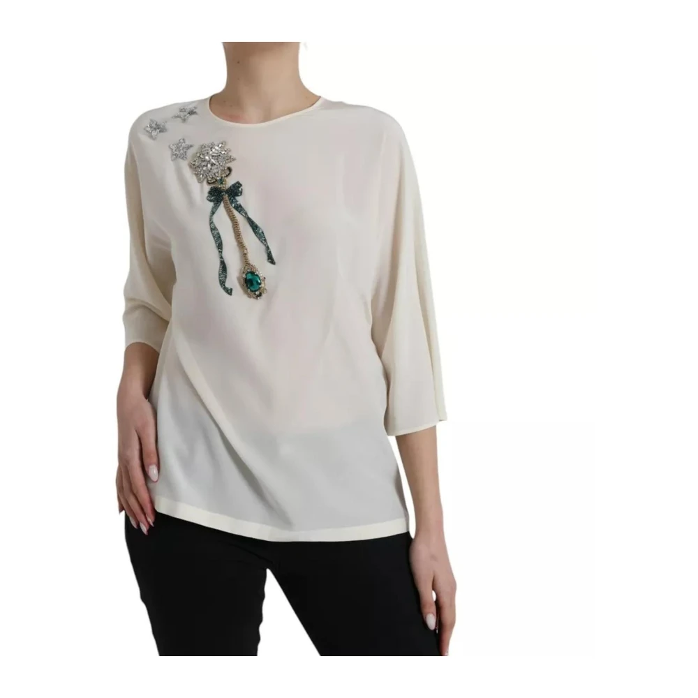 Dolce & Gabbana Witte zijden blouse met kristallen versieringen Beige Dames