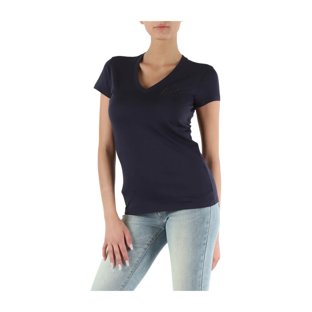 Armani Exchange V-hals Katoenen T-shirt met Logoprint Blue Dames