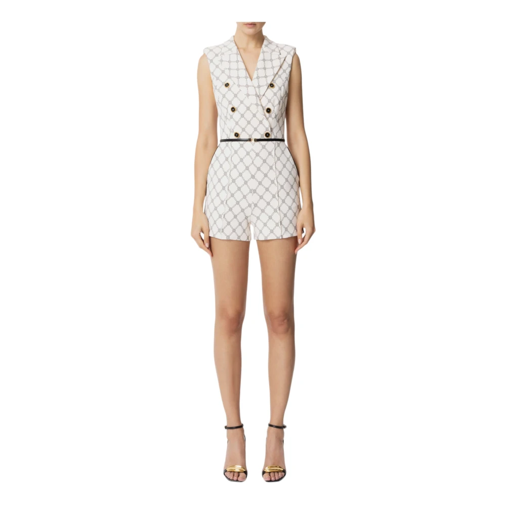 Elisabetta Franchi Damen Weiß Doppelreihiger Jumpsuit Aus Crêpe-Gewebe Mit Diamanten