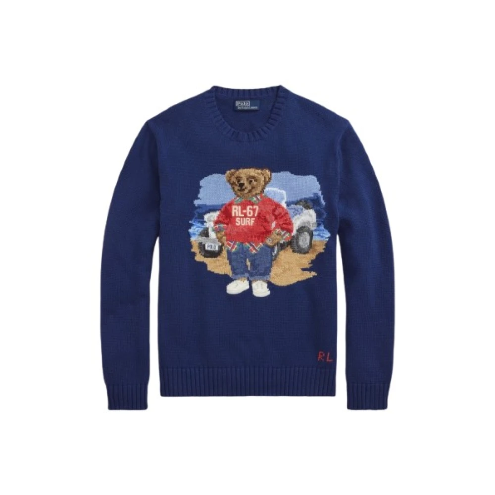 Polo Ralph Lauren Men's Blue Round-Neck Knitwear, M, Intarsia Cotton Polo Bear Jumper